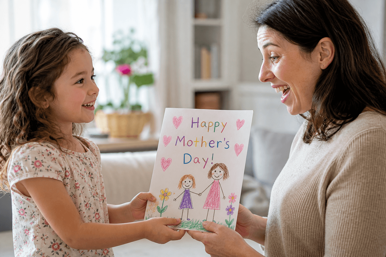 A young child joyfully giving her mother a handmade Happy Mother's Day card with stick figures and crayon scribbles